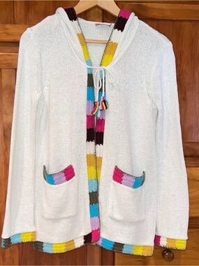 Calypso St. Barth White Hooded Knit Coverup with Multicolor Trim